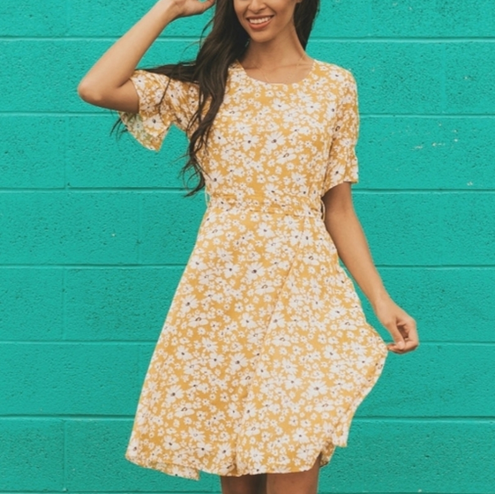 Roolee Women's Yellow Floral Midi Summer Dress with Waist Tie Size L